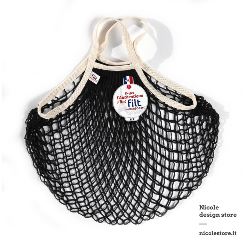 Filt 1860 noir ecru black cotton mesh net shopping bag with handle