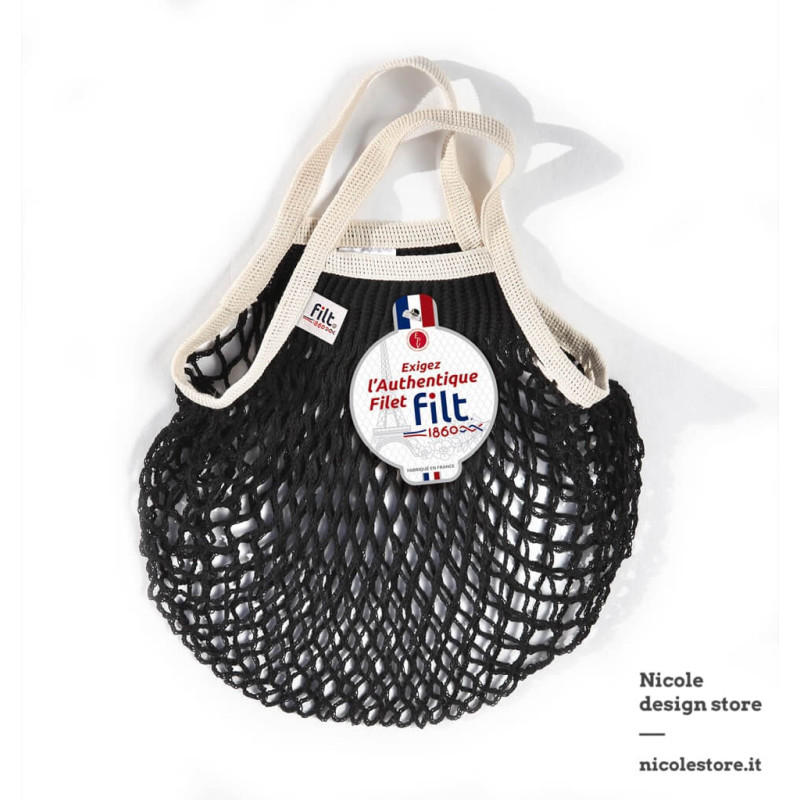 Filt 1860 noir ecru black small cotton mesh net shopping bag with handle