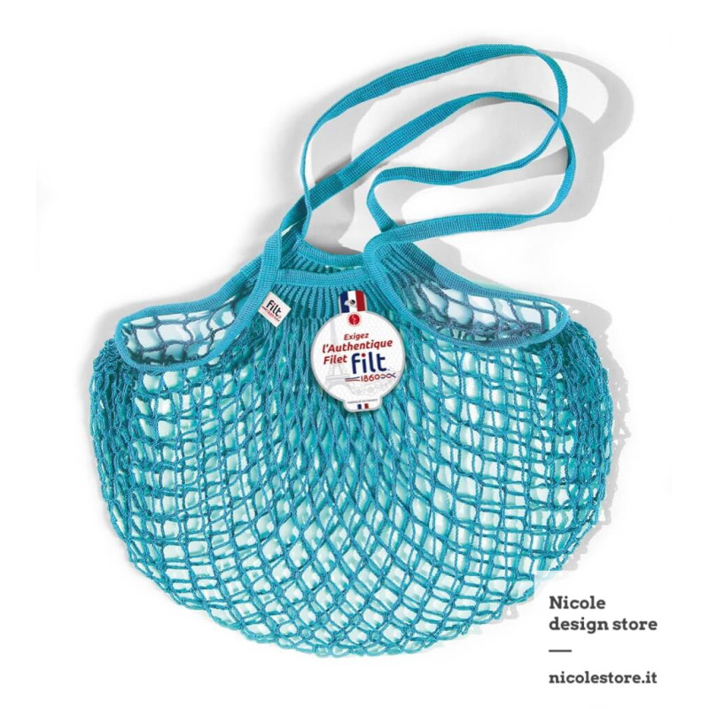 Borsa a rete in cotone con manico a spalla turchese bleu joyau Filt 1860