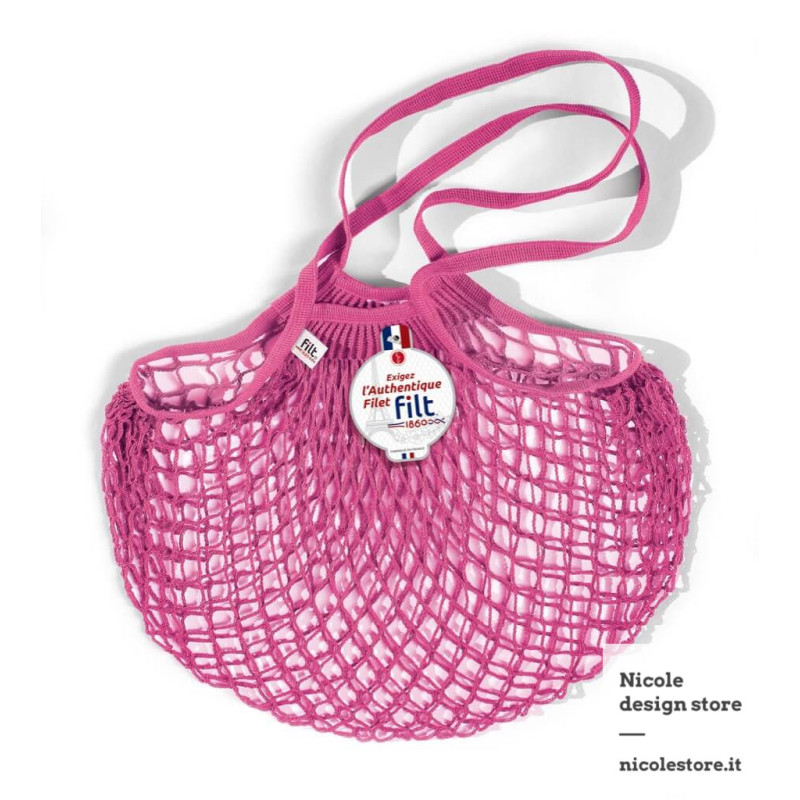 Filt 1860 rose sorbet pink cotton mesh net shopping bag with shoulder handle