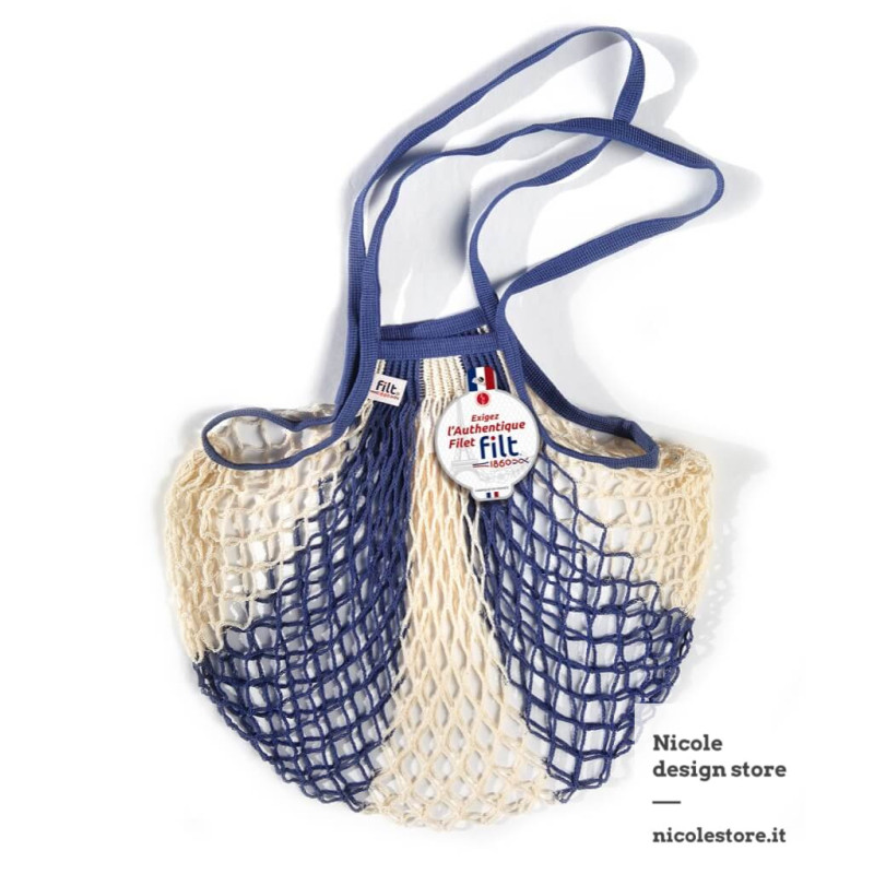 Filt 1860 blue jeans white bleu jean ecru cotton mesh net shopping bag with shoulder handle