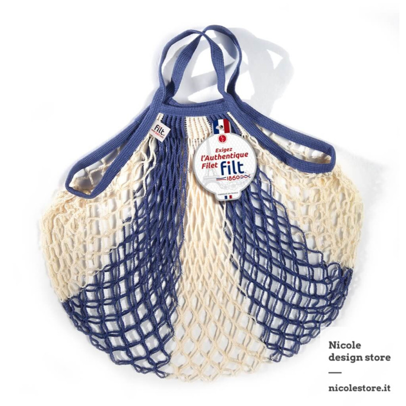 Filt 1860 blue jeans white bleu jean ecru cotton mesh net shopping bag with handle